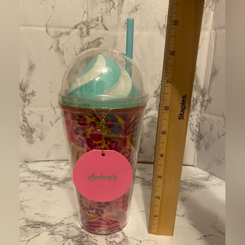 NWT, Claire's Pink, Blue Donut Print Tumbler with Straw